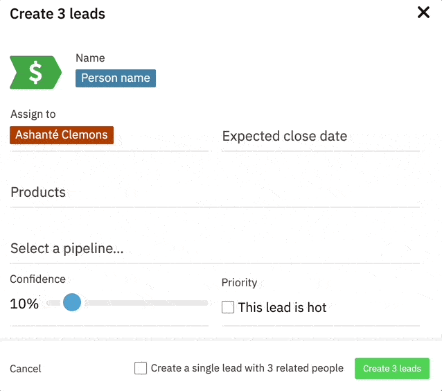 a screen capture of creating 3 leads in Nutshell