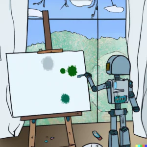 A cartoon of a robot painting generated by Dalle 2