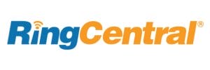 a blue and orange logo for RingCentral on a white background