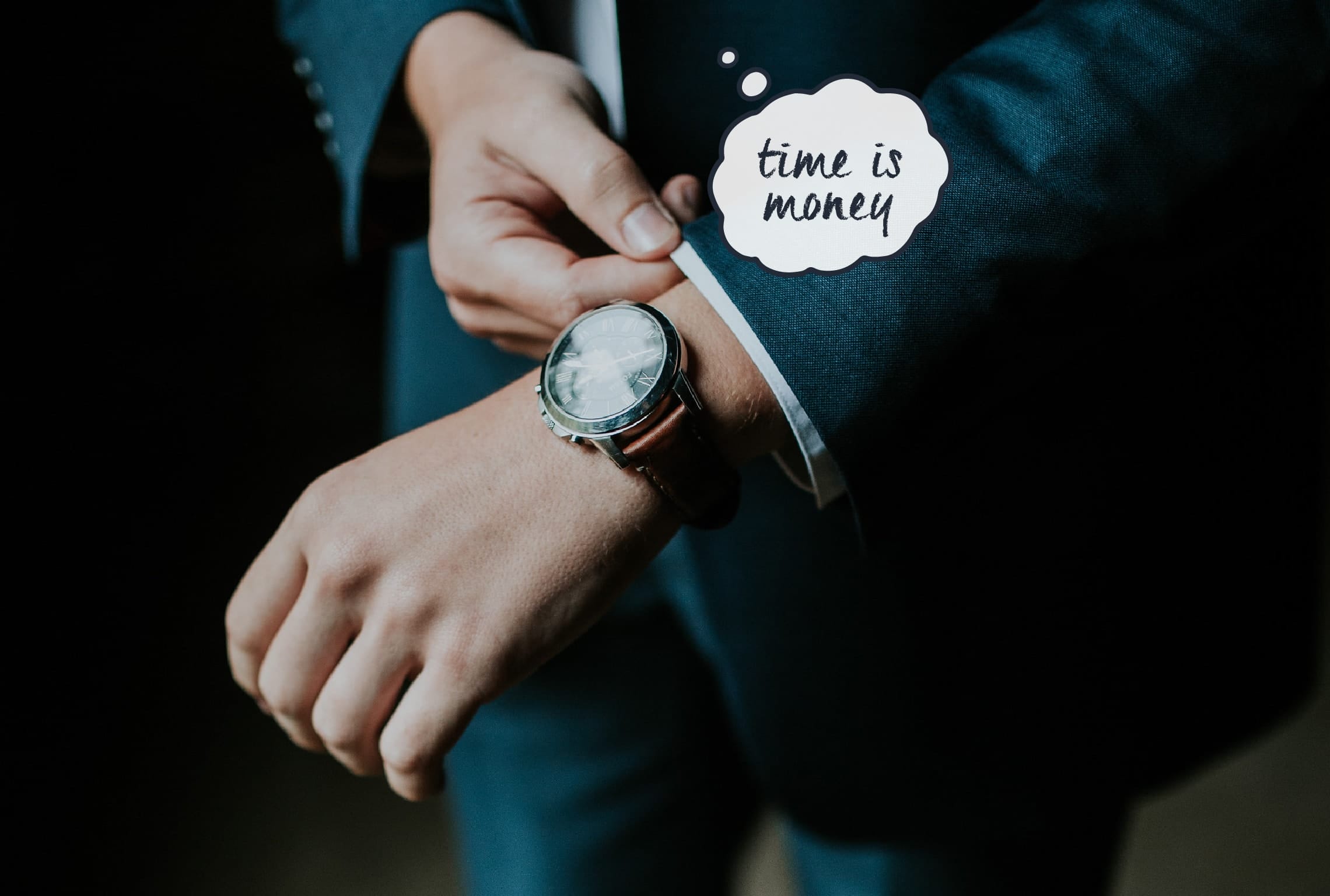 a man in a suit adjusts his watch with a thought bubble that says time is money