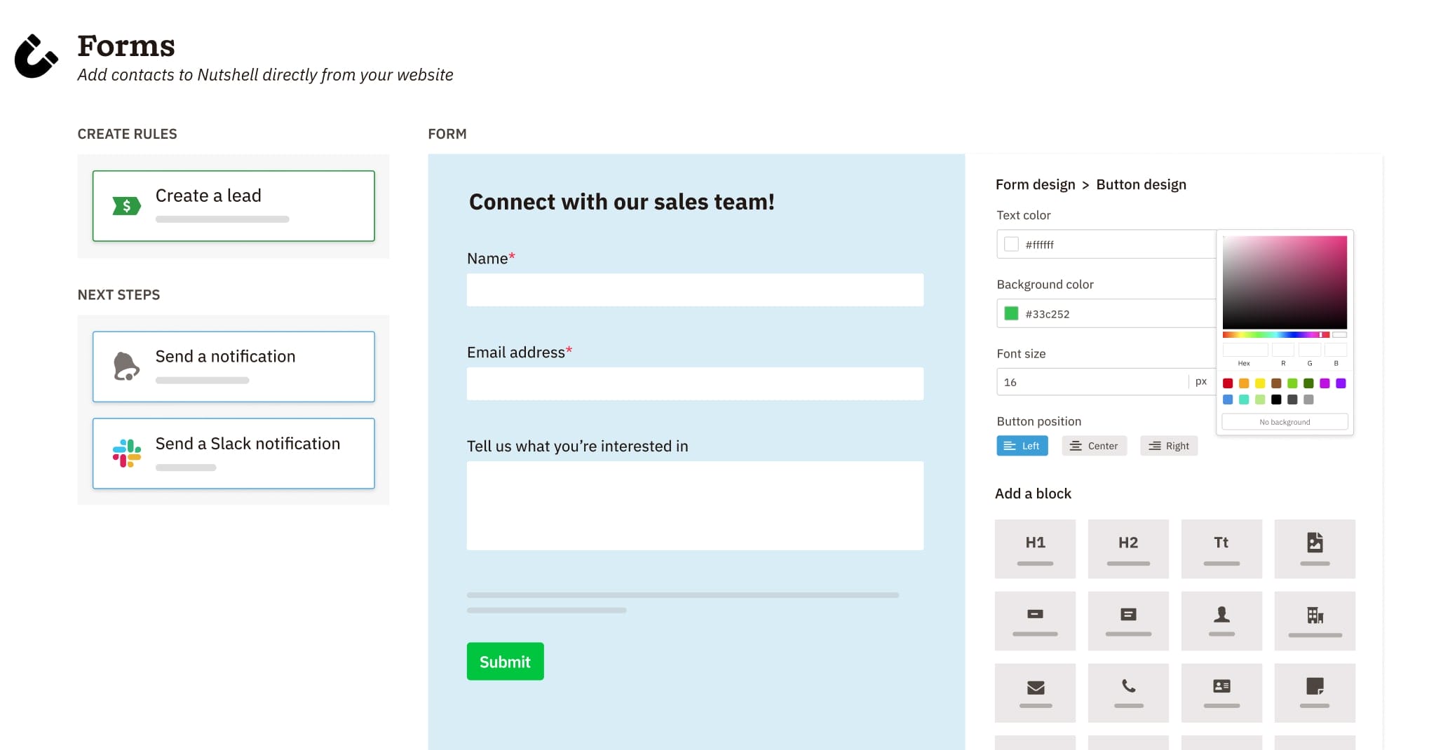 Screenshot of Nutshell CRM web form builder interface