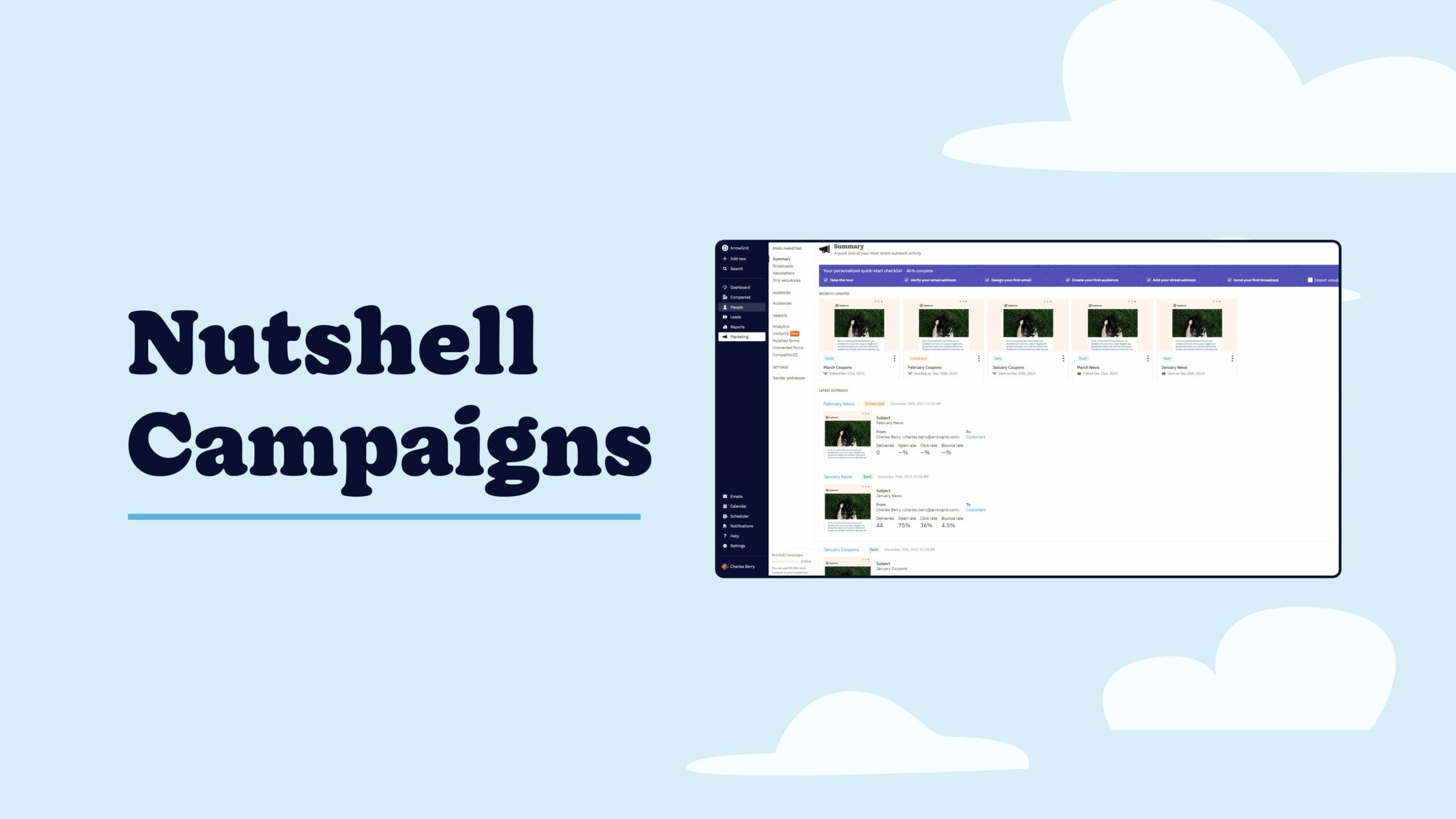 a computer screen showing a screenshot of Nutshell's marketing features with the words Nutshell Campaigns next to it