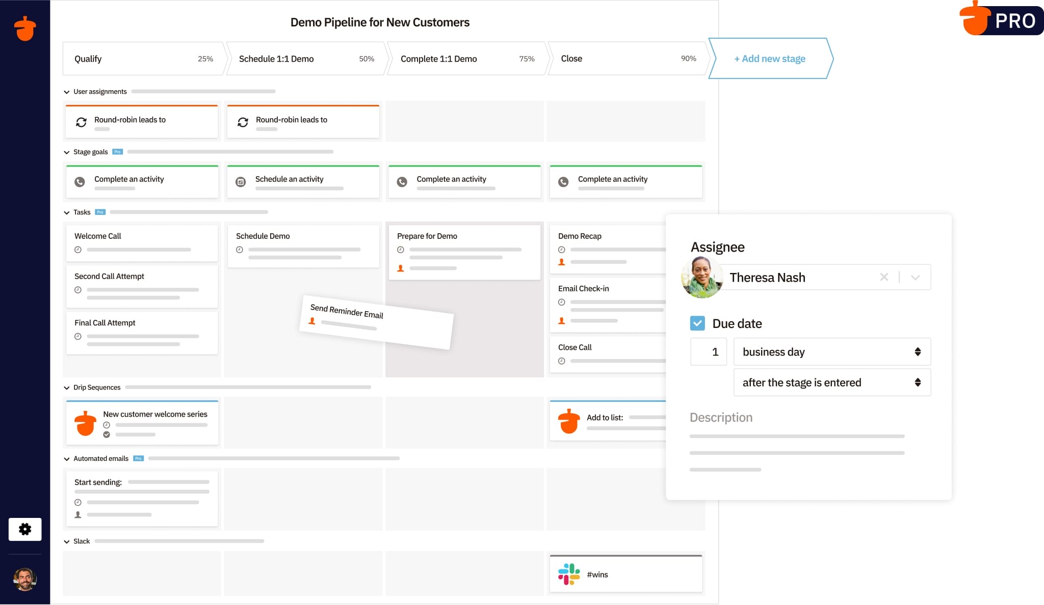 a screenshot of a demo pipeline for new customers on the Nutshell dashboard