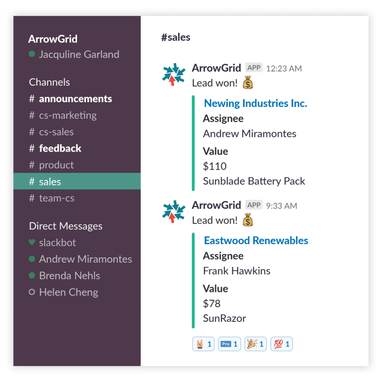 a Slack channel showing two new leads won for a company