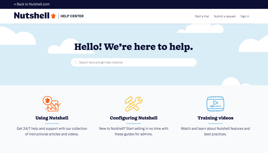 a screenshot of the Nutshell help center page