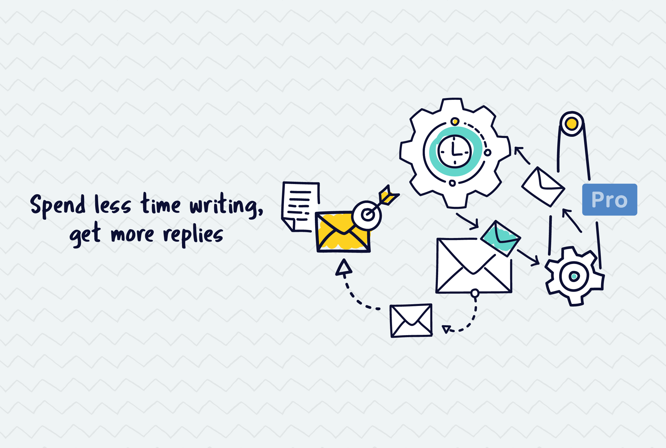 a drawing of gears and envelopes with the words spend less time writing get more replies