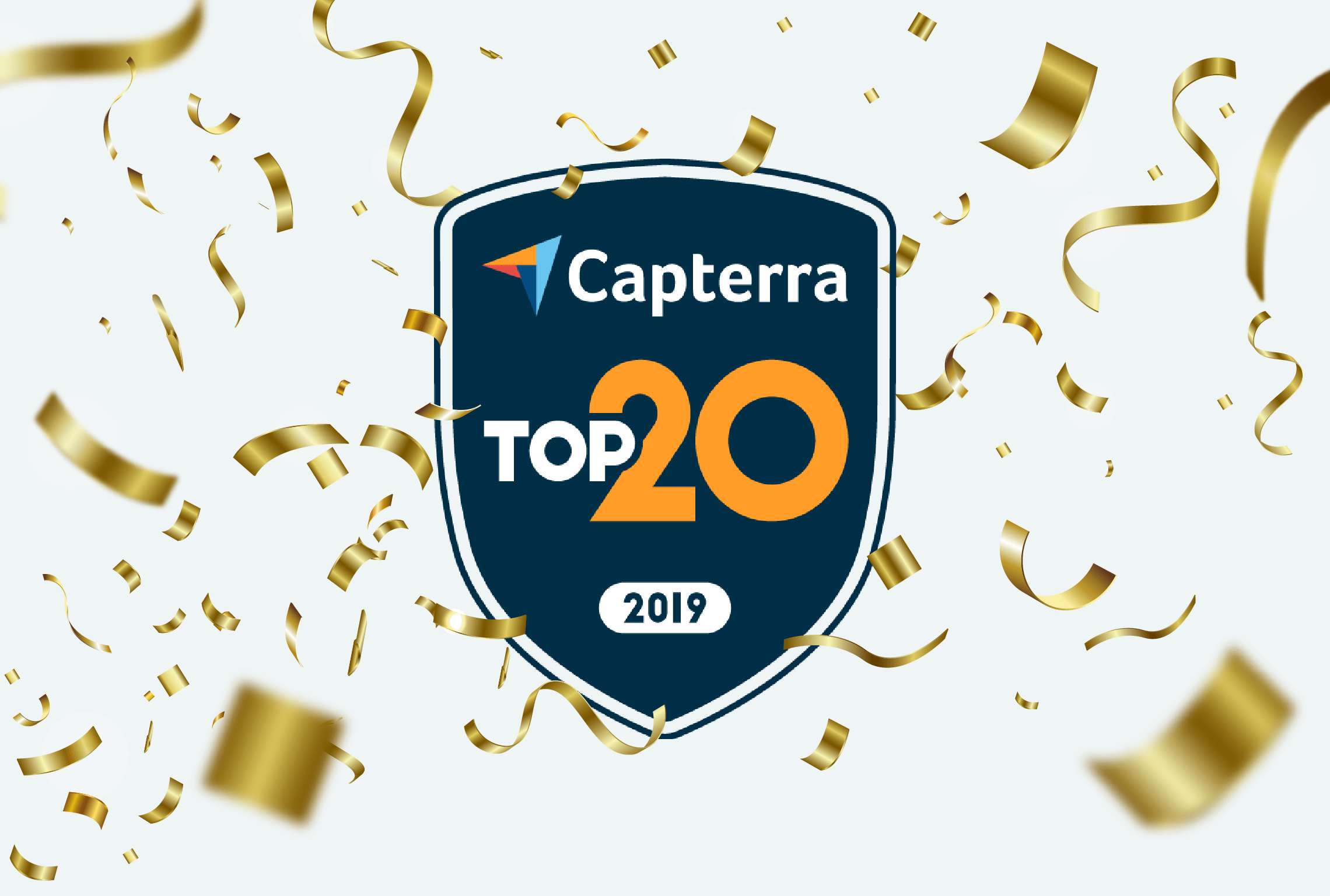 a Capterra Top 20 badge with gold confetti around it