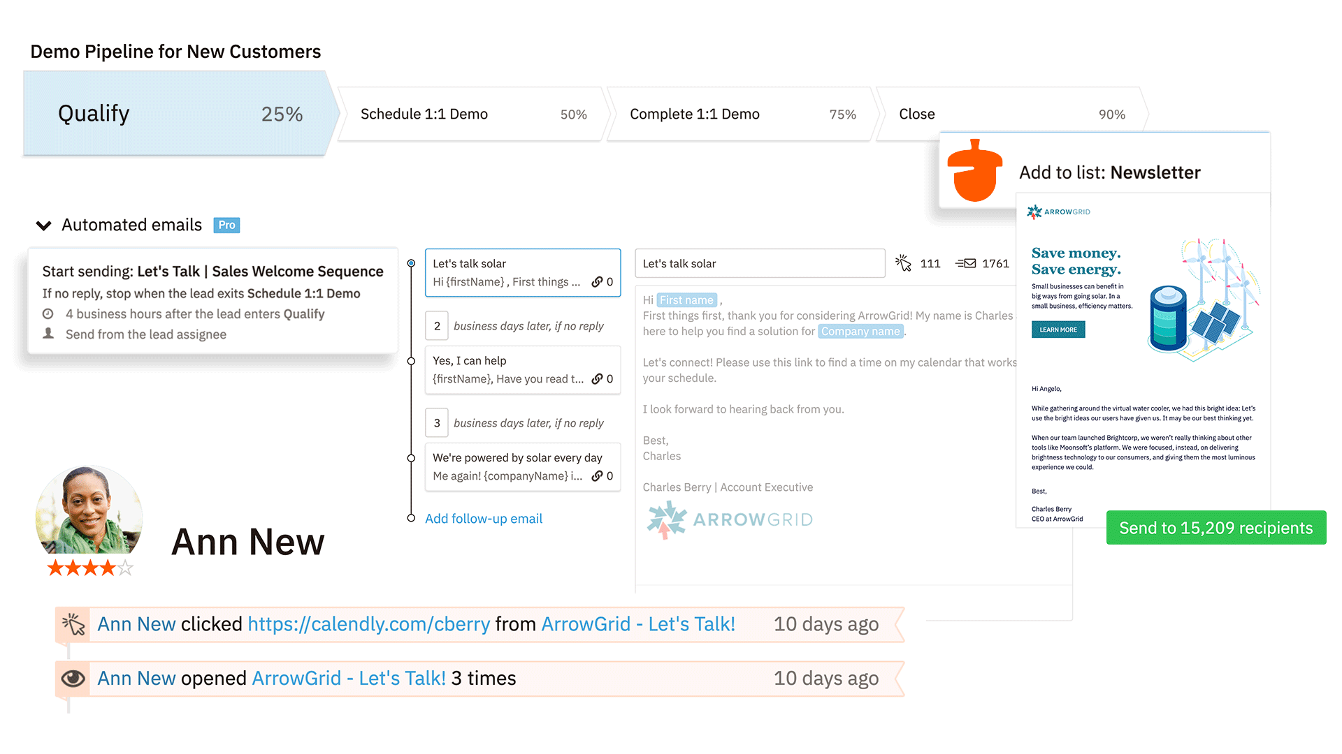 a screenshot of Ann New's demo pipeline for new customers