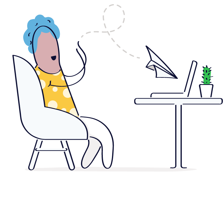 an illustration of a woman sitting at a desk with a paper airplane flying in front of her