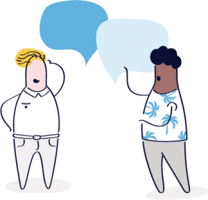 a cartoon drawing of two people talking to each other