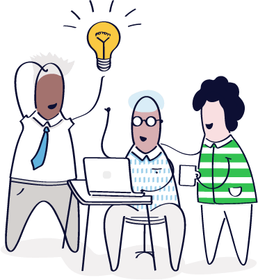 an illustration of a group of people gathered around a laptop with a light bulb above them