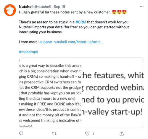 a screenshot of a tweet from Nutshell which shows a postive note from a new customer