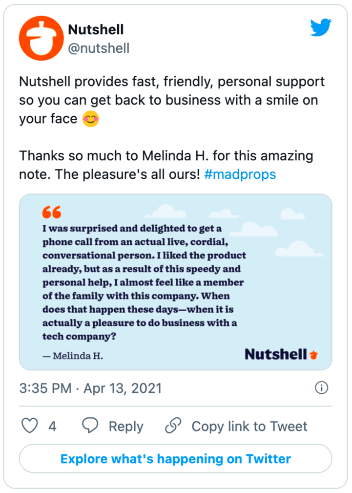 a tweet from Nutshell with a quote from user Melinda H.