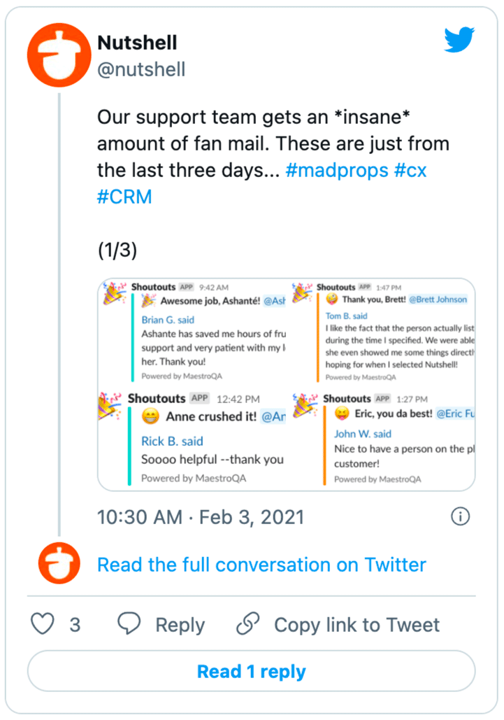 a screenshot of a Nutshell tweet showing positive reviews for their staff from customers