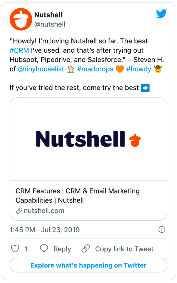 a tweet from Nutshell quotes a user that says "Howdy, I'm loving Nutshell so far "