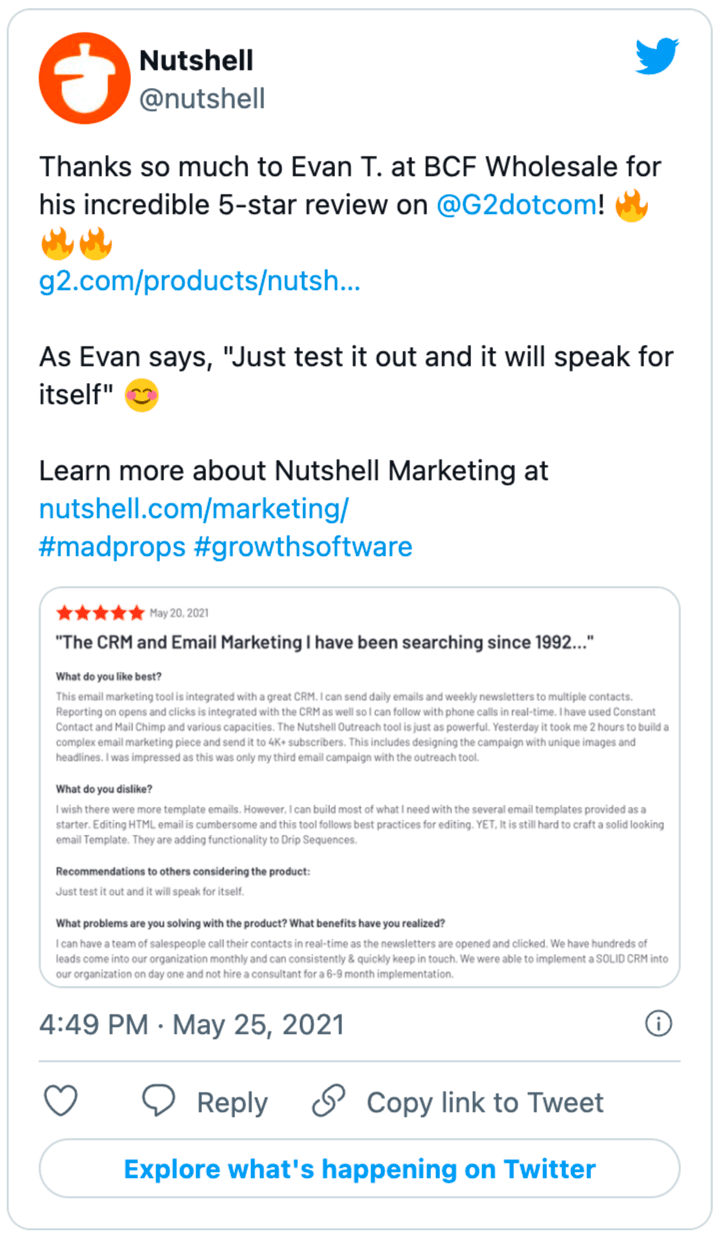 a screenshot of a Twitter post from Nutshell showing a postive review from user Evan T.