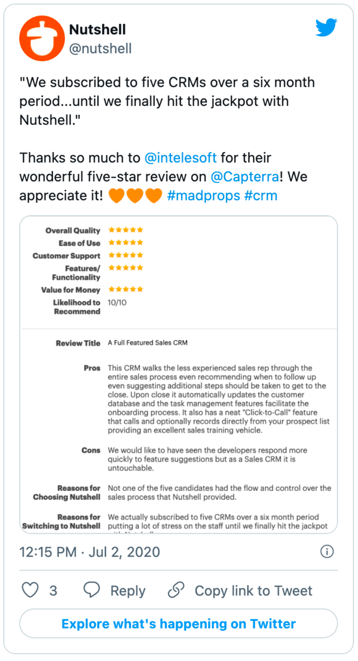 a screenshot of a tweet from Nutshell that shows a five-star user review