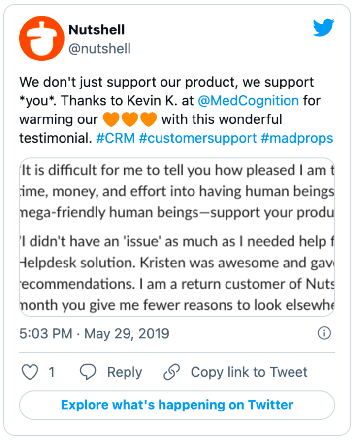 a tweet from Nutshell that shares a testimonial from user Kevin K.