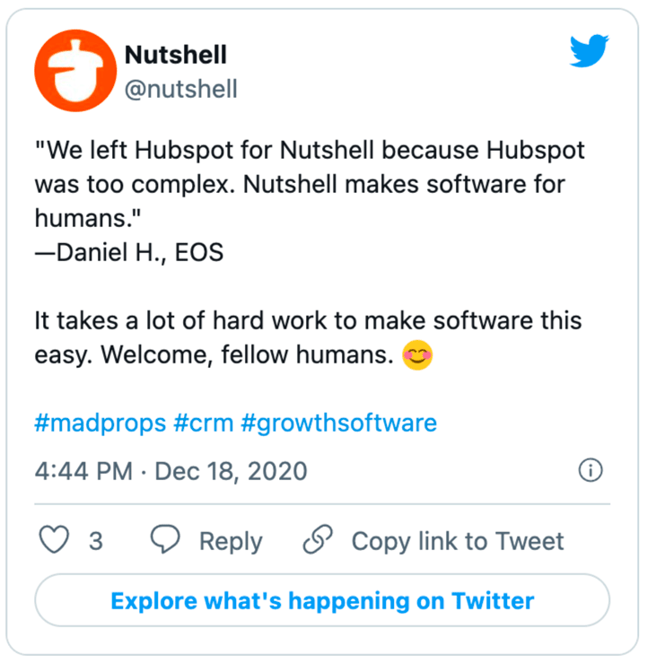 a tweet from Nutshell that shows a postive user review that says " we left HubSpot for Nutshell because HubSpot was too complex. Nutshell makes software for humans "