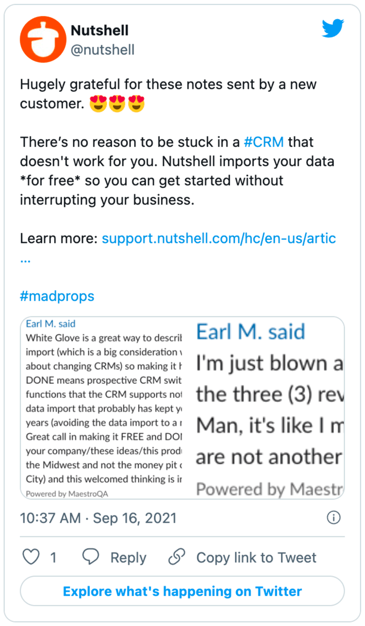 A tweet from Nutshell showing a link and image of a positive customer review