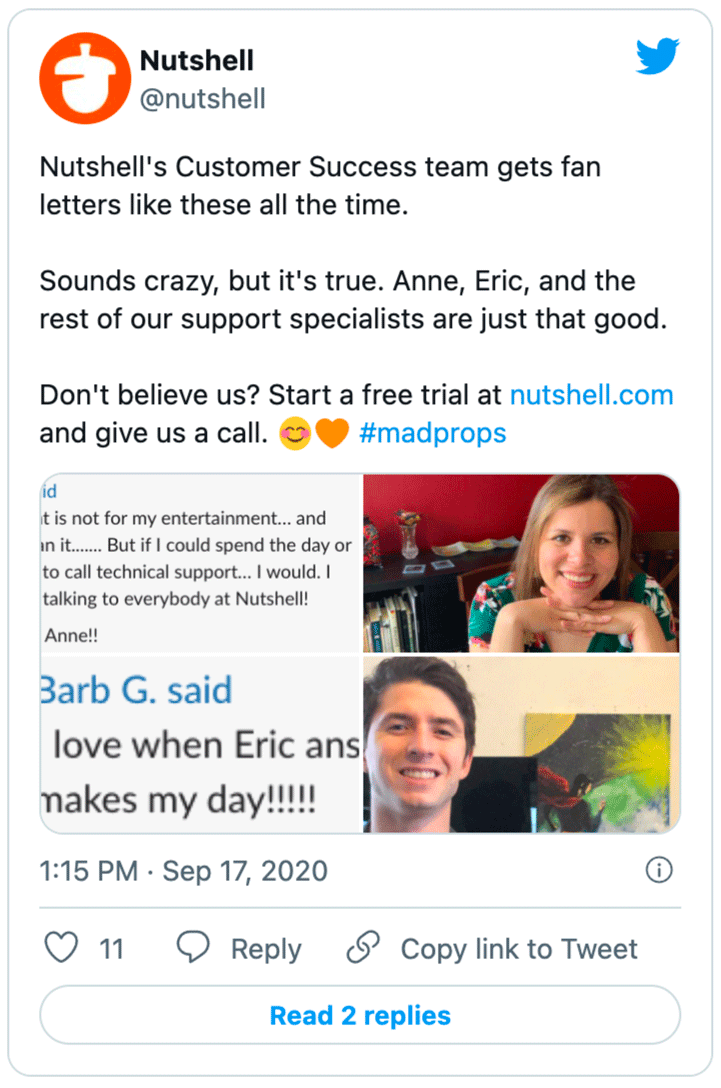 a tweet from Nutshell showing positive reviews for their customer success team