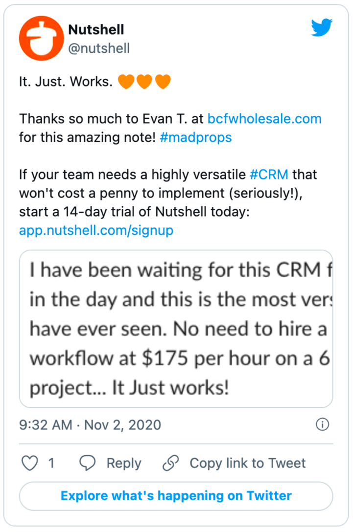 a tweet from Nutshell says "It just works"