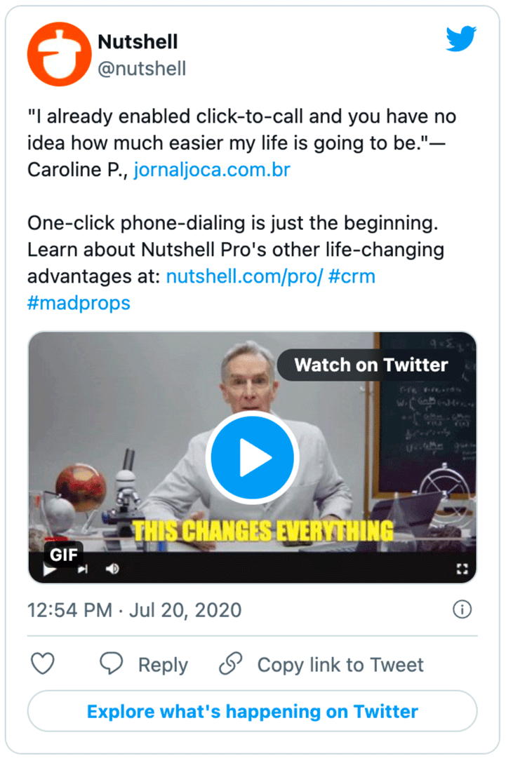 a tweet from Nutshell talks about one-click phone-dialing and shows a video that says "this changes everything"