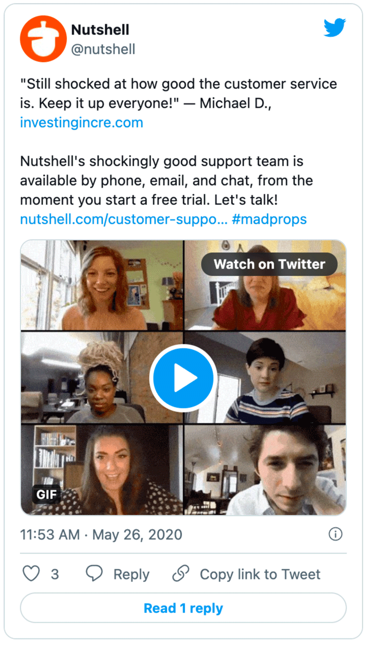 a tweet from Nutshell shows the customer support team on a video call