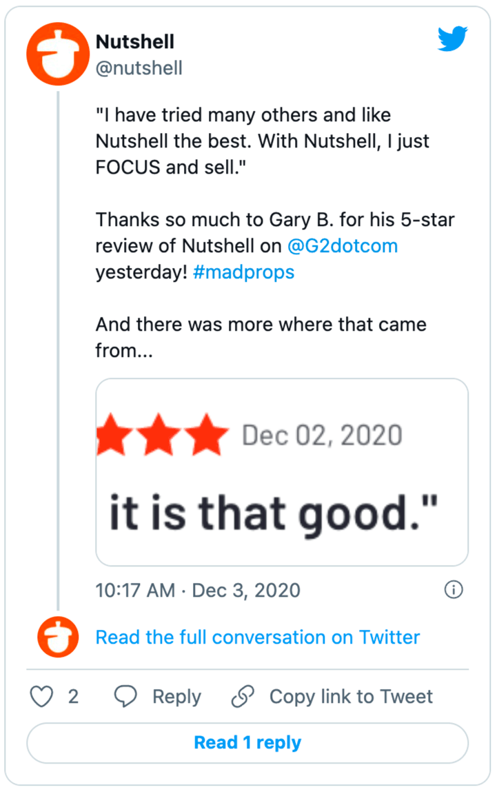 a tweet from Nutshell that shows a positive user review from Gary B.