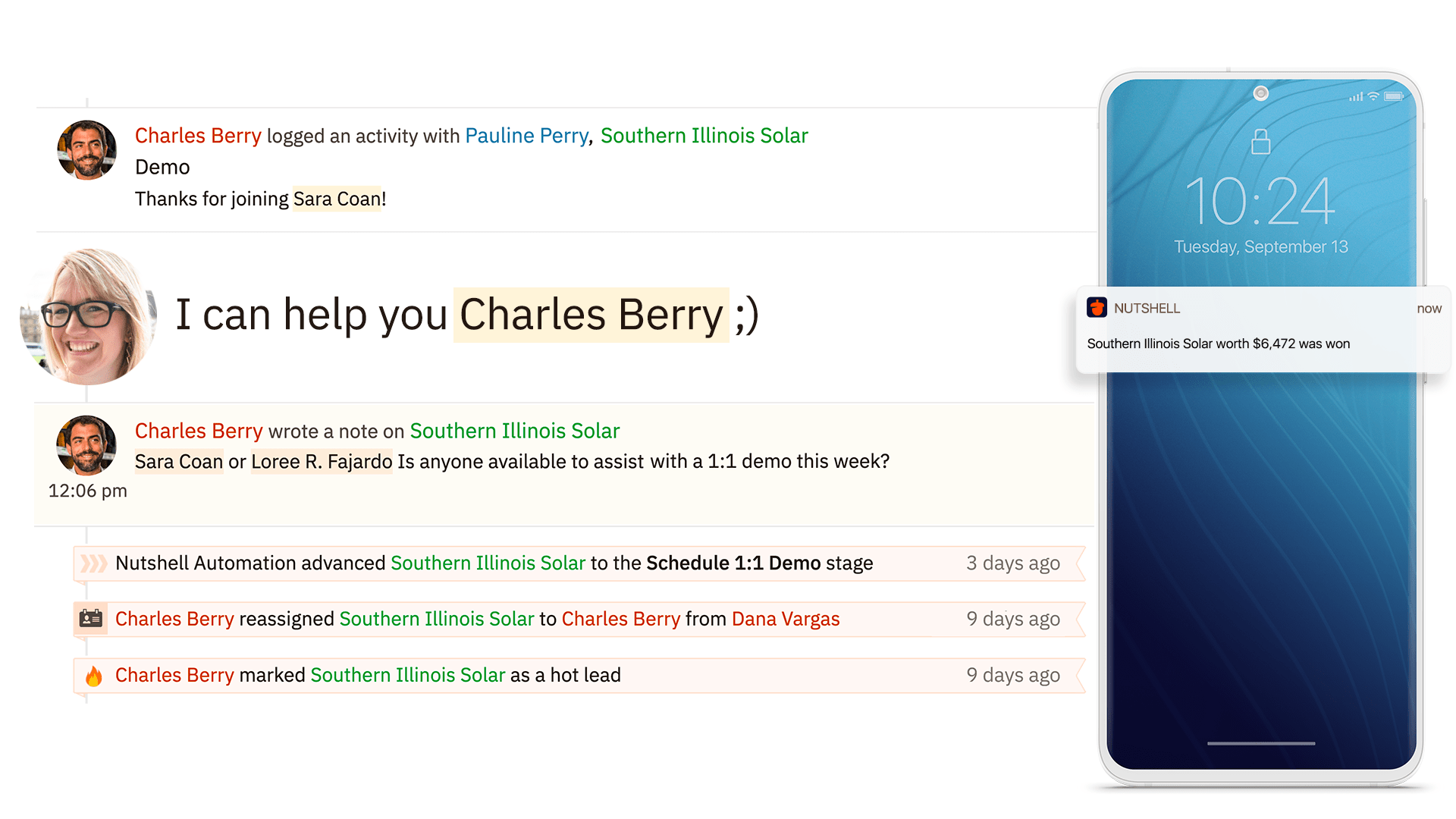 a phone using the Nutshell mobile app with a notification that says "I can help you, Charles Berry"