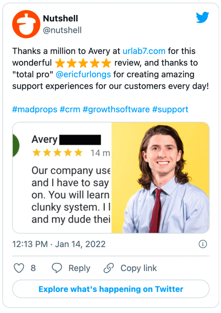 a Twitter post from Nutshell that says " thanks a million to avery at urlab7.com for this wonderful review "