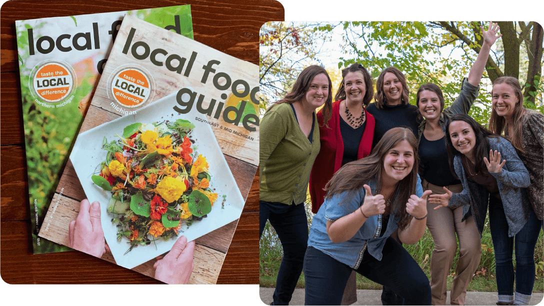 a photo of a local food guide next to a photo of a group of women