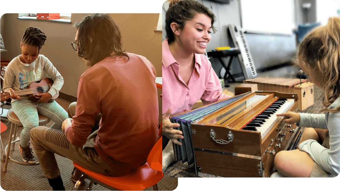 a girl playing a ukulele and a girl playing an accordion