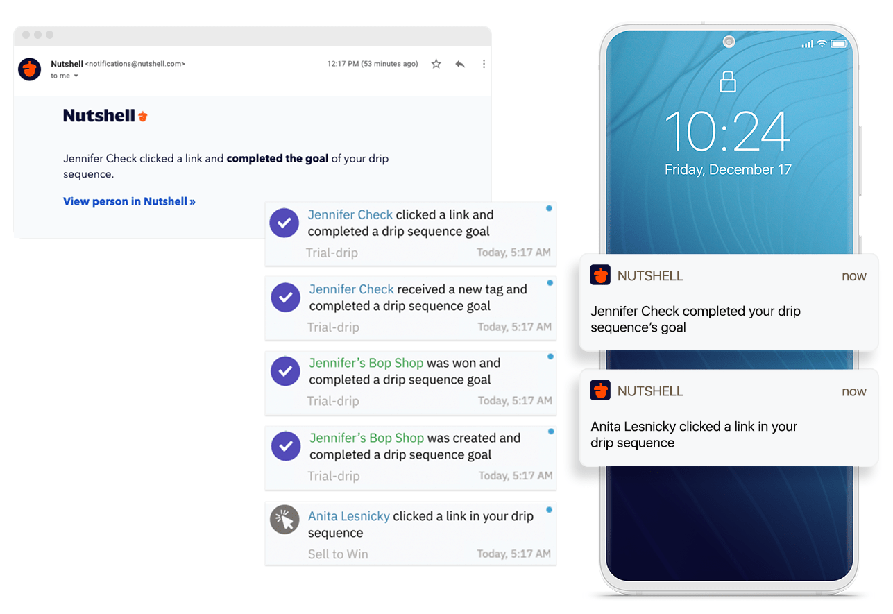 a phone that shows the Nutshell mobile app receiving notifications in real time