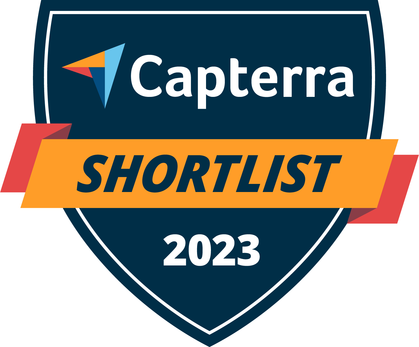 a blue and orange badge for the Capterra Shortlist 2023