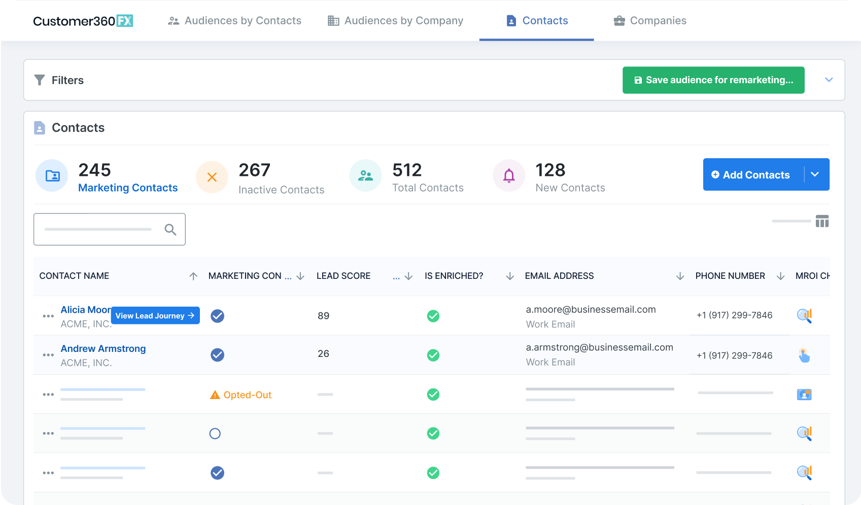 a screenshot of a Customer360FX dashboard showing contacts