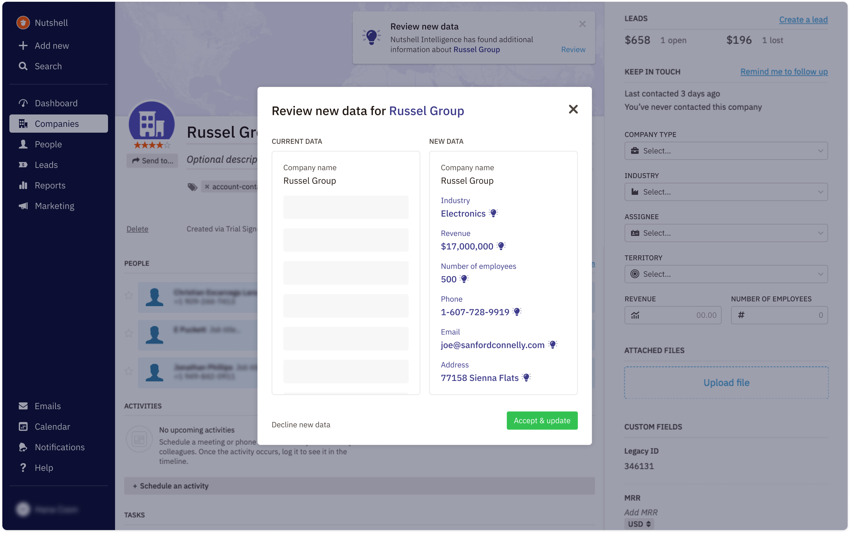 a screenshot of a "review new data page" for Russel Group on the Nutshell dashboard