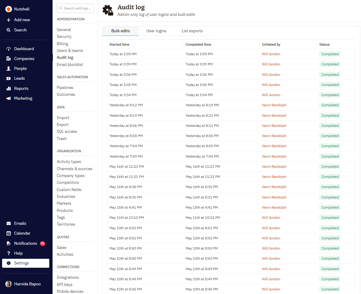 a screenshot of the audit log on the Nutshell dashboard