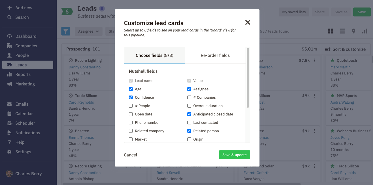 a screenshot of a popup that says "Customize lead cards"