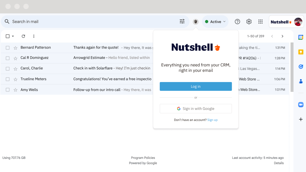 Screenshot of Nutshell CRM email and calendar sync in Gmail using the Nutshell Chrome extension