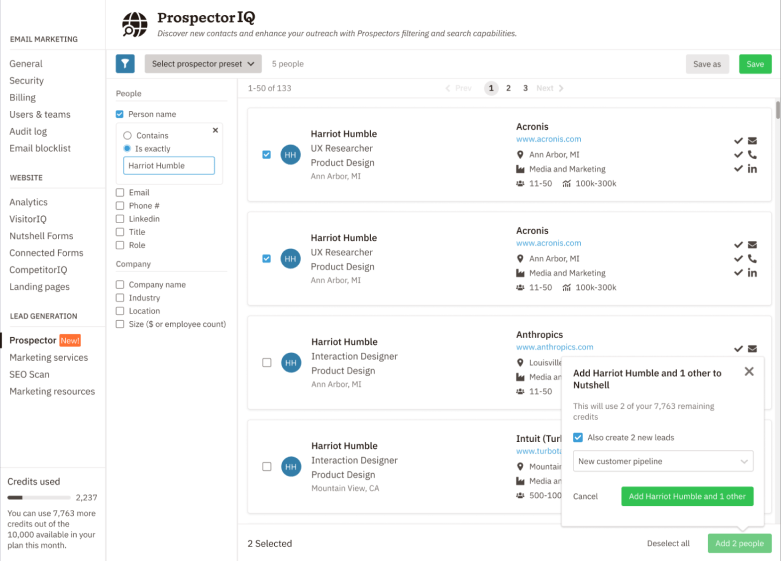 creating a lead using ProspectorIQ in Nutshell